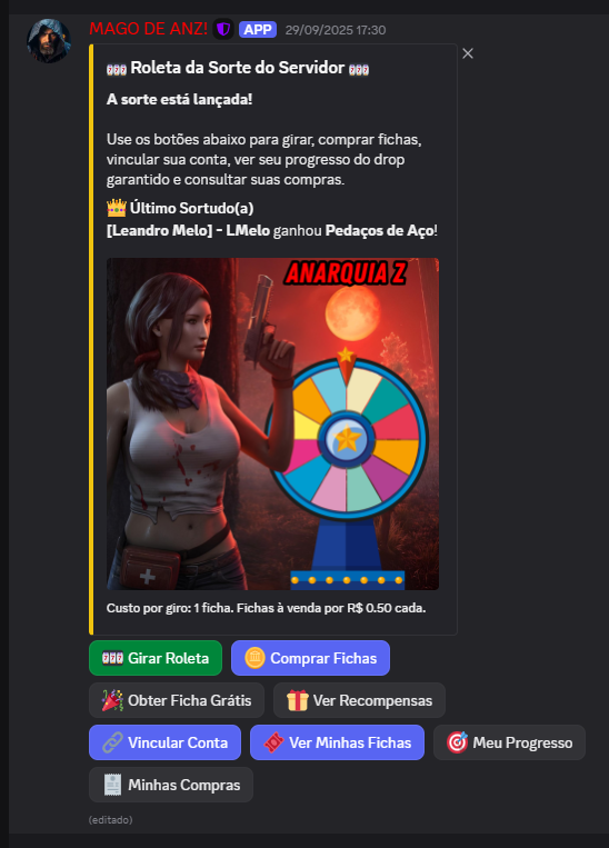 Painel da roleta no Discord